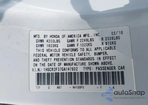2016 Honda Accord Lx z USA, uszkodzony, nr VIN 1HGCR2F37GA147602